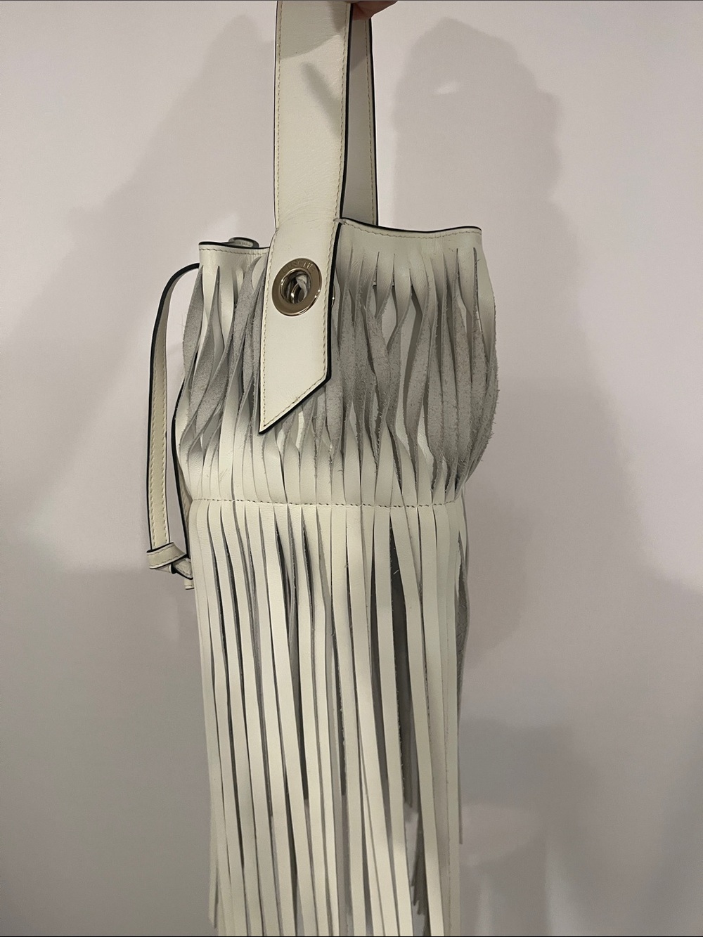 White Fringed Leather Mini Shoulder Bag